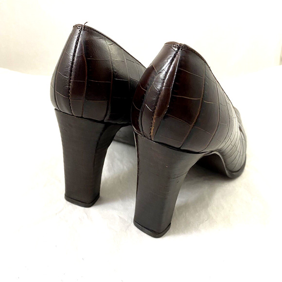 Ralph Lauren Pump Croc Embossed Brown Leather 3" Block Heel Classic 8.5 B - Picture 7 of 11